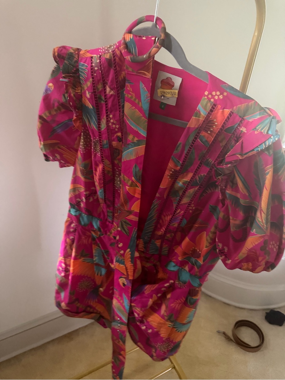FARM Rio Pink Tropical Print Puff Sleeve Romper